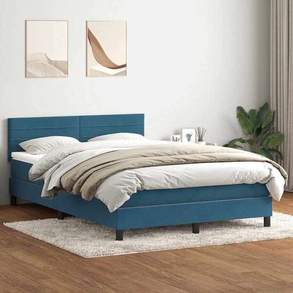 vidaXL Boxspringbett mit Matratze & LED Dunkelblau 140x210 cm Samt