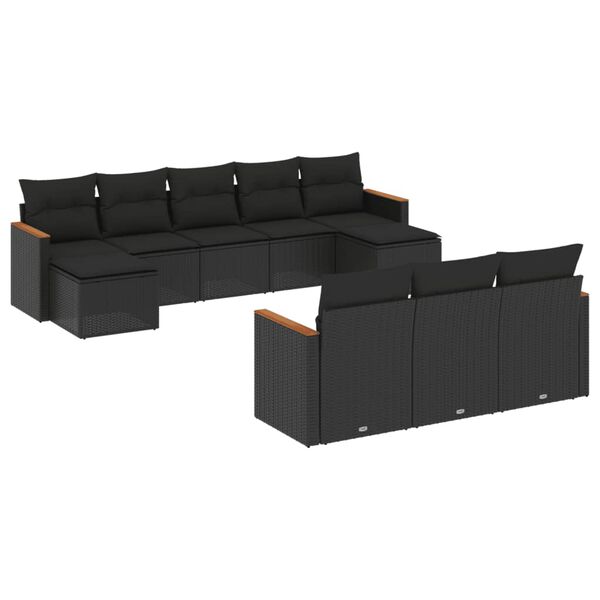 vidaXL 10-tlg. Garten-Sofagarnitur mit Kissen Schwarz Poly Rattan