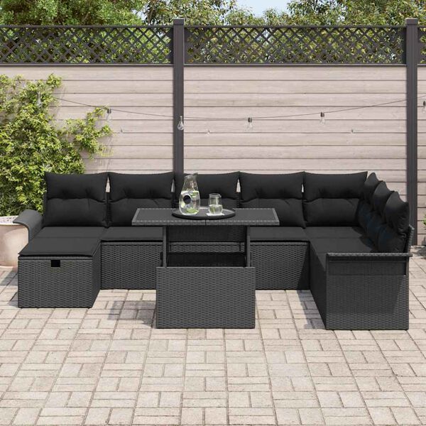 vidaXL Garten-Sofa-Set mit Kissen 9 pcs Schwarz Poly Rattan