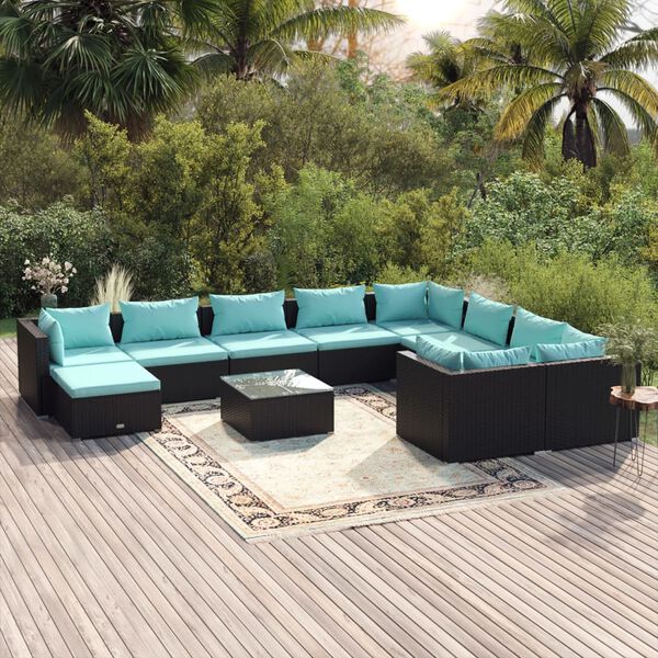 vidaXL 11-tlg. Garten-Lounge-Set mit Kissen Poly Rattan Schwarz