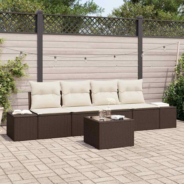 vidaXL Garten-Sofa-Set mit Kissen 5 pcs Braun und Creme Poly-Rattan
