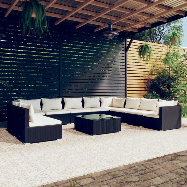 vidaXL 11-tlg. Garten-Lounge-Set mit Kissen Schwarz Poly Rattan