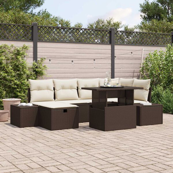 vidaXL Garten-Sofa-Set mit Kissen mit Speicher 7 pcs Braun Poly Rattan