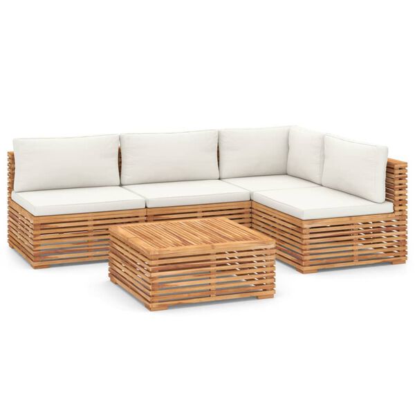 vidaXL 5-tlg. Garten-Lounge-Set mit Kissen Creme Massivholz Teak