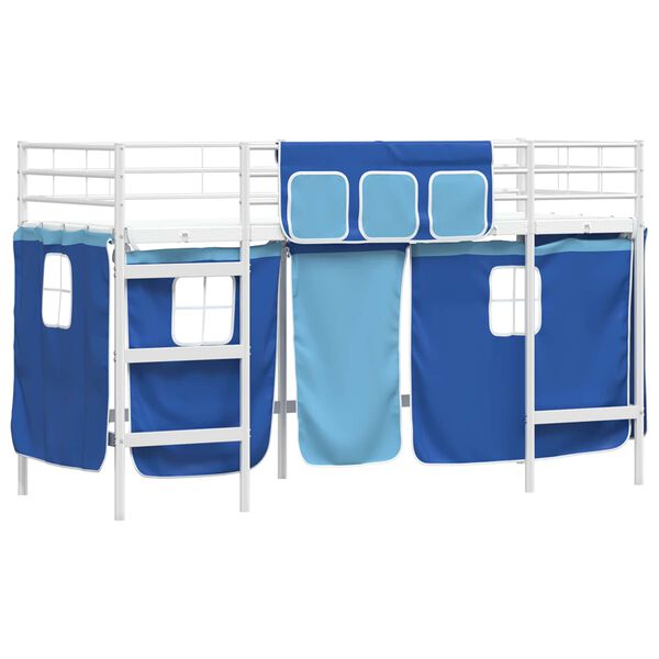 vidaXL Kinder Loft Bettgestell mit Vorh&auml;ngen Wei&szlig; und Blau 75 x 190 cm