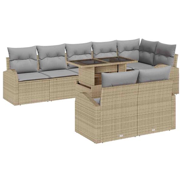 vidaXL Gartensofa-set mit Kissen mit Speicher 9 pcs Beige Poly Rattan