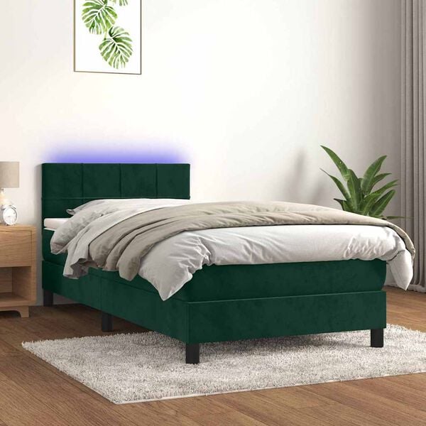 vidaXL Boxspringbett mit Matratze & LED Dunkelgr&uuml;n 100x200 cm Samt