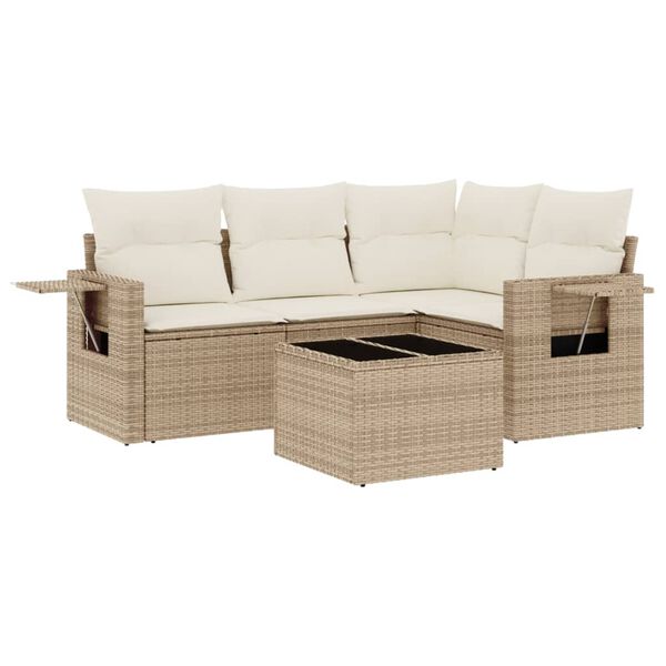 vidaXL 5-tlg. Garten-Sofagarnitur mit Kissen Beige Poly Rattan