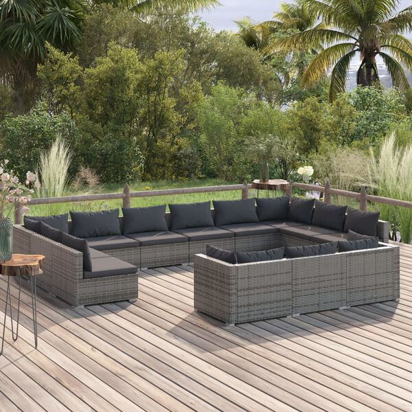vidaXL 13-tlg. Garten-Lounge-Set mit Kissen Grau Poly Rattan