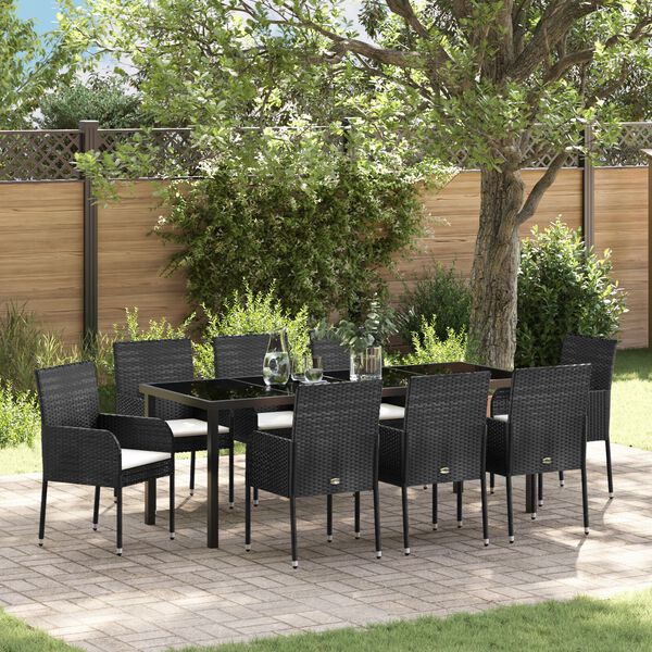 vidaXL Garten Essgruppe mit Kissen 9 pcs Schwarz Poly-Rattan