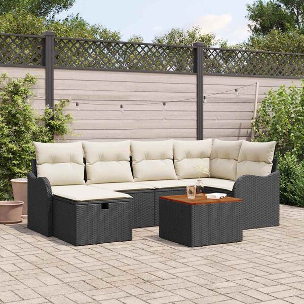 vidaXL Garten-Sofa-Set mit Kissen 7 pcs Schwarz Poly Rattan