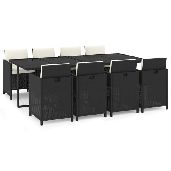 vidaXL 9-tlg. Garten-Essgruppe mit Kissen Poly Rattan Schwarz