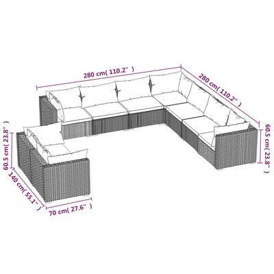 vidaXL 9-tlg. Garten-Lounge-Set mit Kissen Grau Poly Rattan