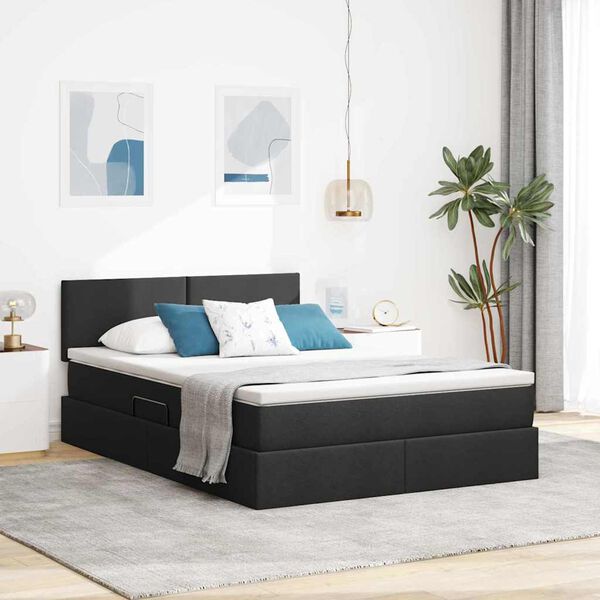 vidaXL Bett mit Stauraum und LED mit LED Schwarz 140 x 200 cm Stoff