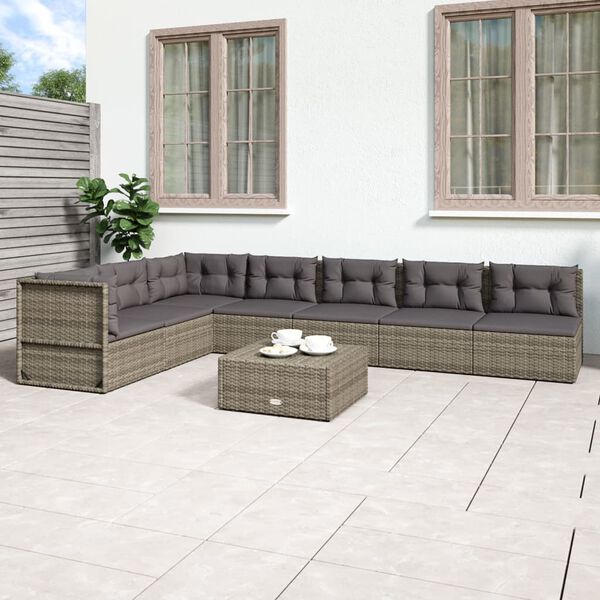 vidaXL 7-tlg. Garten-Lounge-Set mit Kissen Grau Poly Rattan