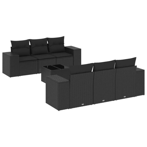vidaXL 7-tlg. Garten-Sofagarnitur mit Kissen Schwarz Poly Rattan