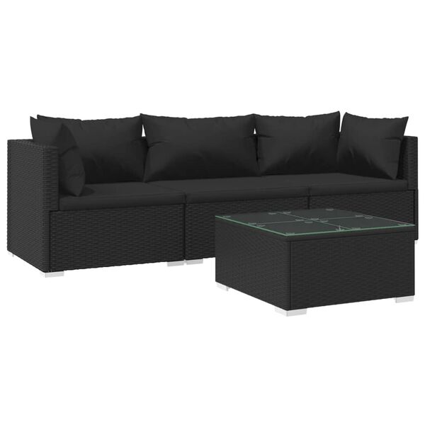 vidaXL 4-tlg. Garten-Lounge-Set mit Auflagen Poly Rattan Schwarz