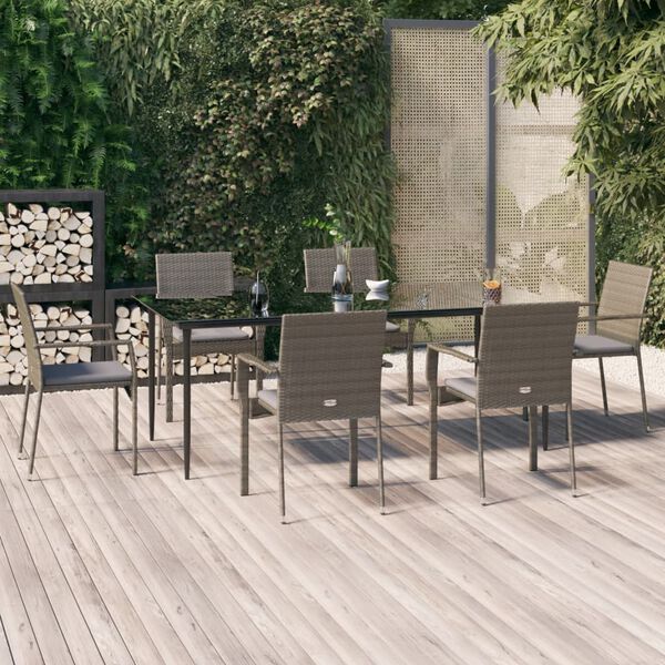 vidaXL 7-tlg. Garten-Essgruppe mit Kissen Schwarz und Grau Poly Rattan