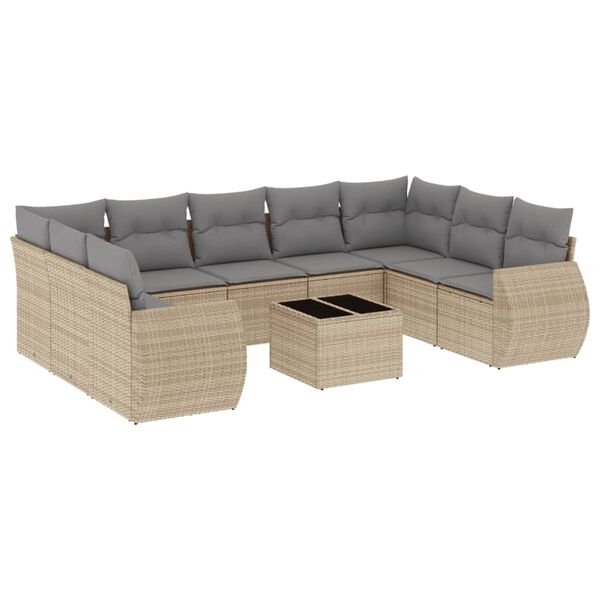 vidaXL 10-tlg. Garten-Sofagarnitur mit Kissen Beige Poly Rattan