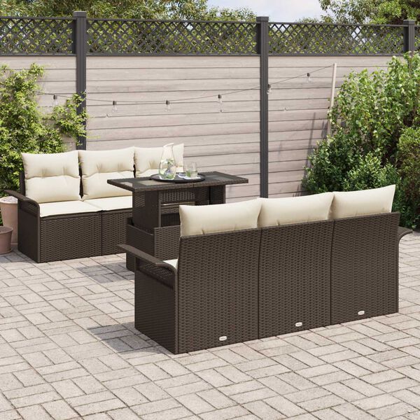 vidaXL Garten-Sofa-Set mit Kissen mit Speicher 7 pcs Braun Poly Rattan