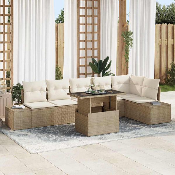 vidaXL Garten-Sofa-Set mit Speicher 7 pcs Beige Poly Rattan
