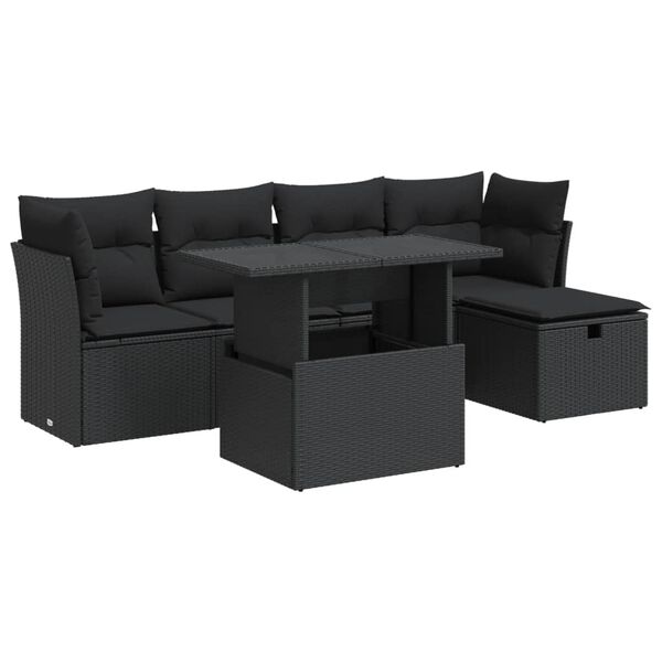 vidaXL 6-tlg. Garten-Sofagarnitur mit Kissen Schwarz Poly Rattan
