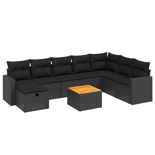 vidaXL 9-tlg. Garten-Sofagarnitur mit Kissen Schwarz Poly Rattan