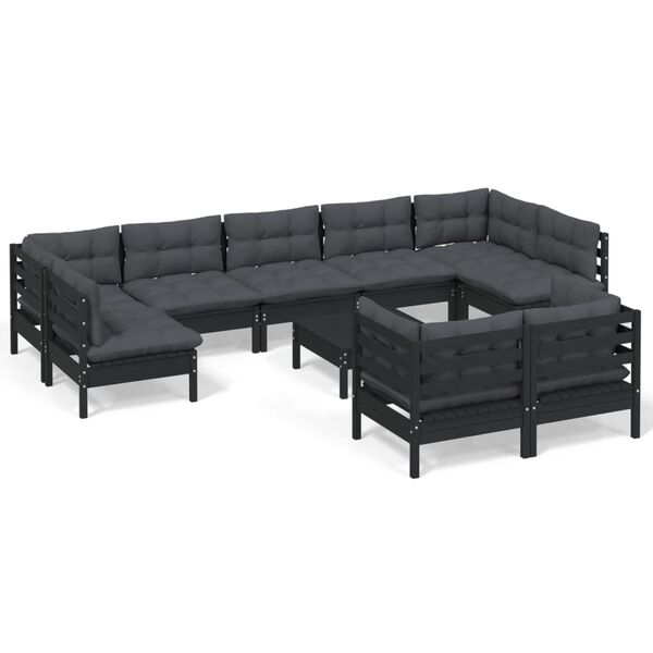 vidaXL 10-tlg. Garten-Lounge-Set mit Kissen Schwarz Massivholz Kiefer