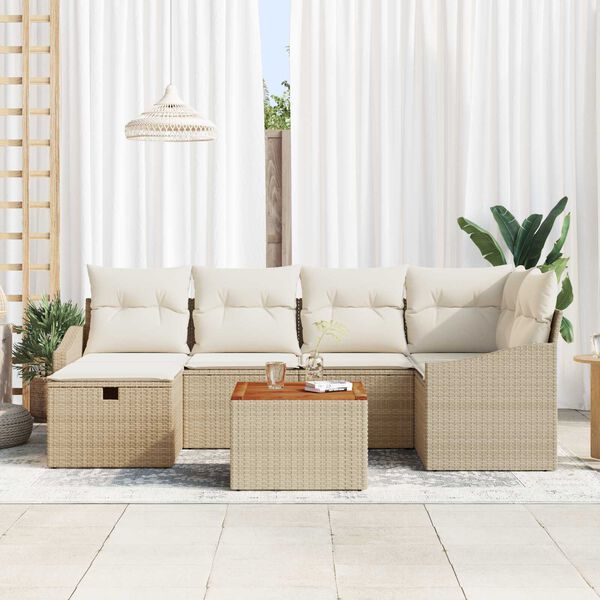 vidaXL Garten-Sofa-Set mit Kissen mit Speicher 7 pcs Beige Poly Rattan