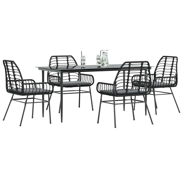 vidaXL 5-tlg. Garten-Essgruppe mit Kissen Schwarz Poly Rattan Glas