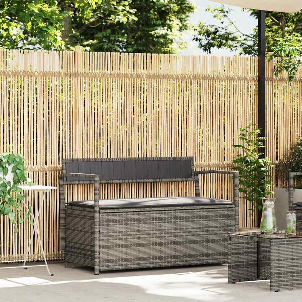 vidaXL Gartenbank mit Stauraum und Kissen Grau Poly Rattan