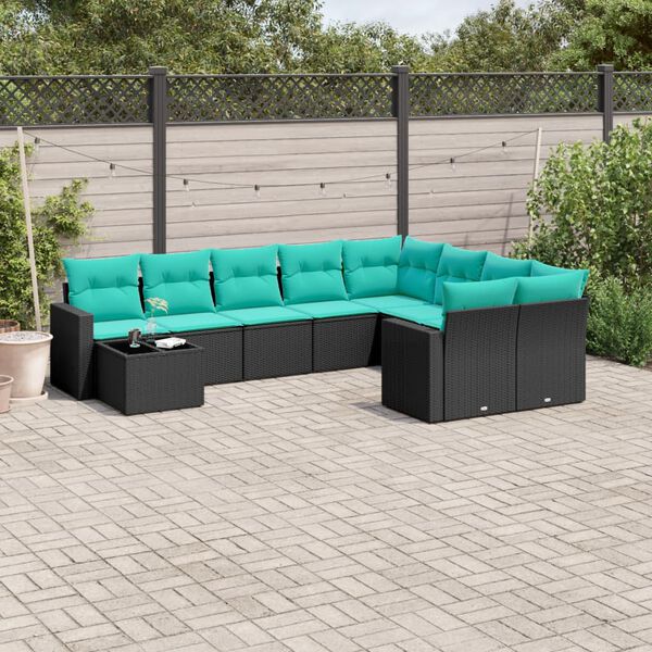 vidaXL 10-tlg. Garten-Sofagarnitur mit Kissen Schwarz Poly Rattan
