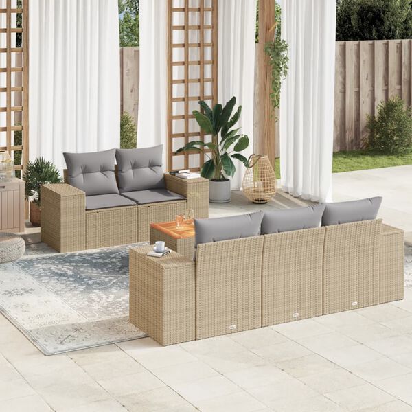 vidaXL 6-tlg. Garten-Sofagarnitur mit Kissen Beige Poly Rattan
