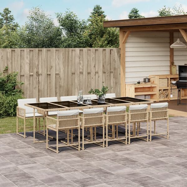 vidaXL 11-tlg. Garten-Essgruppe mit Kissen Beige Poly Rattan