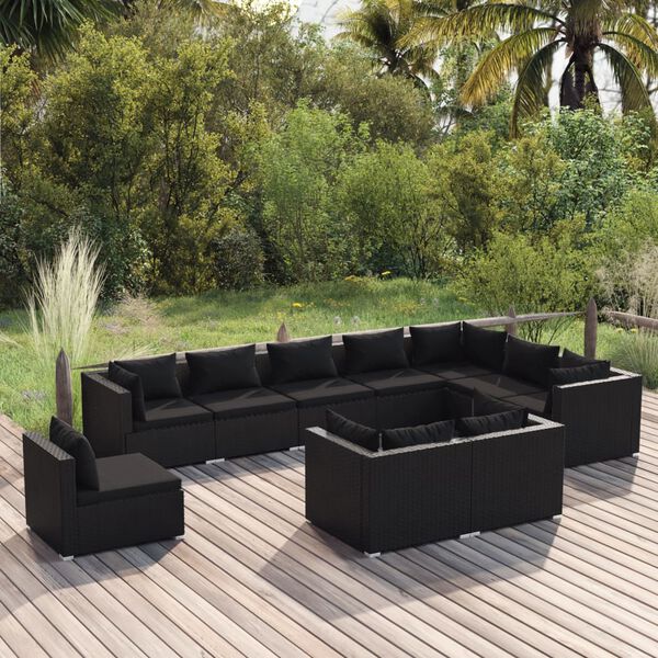 vidaXL 10-tlg. Garten-Lounge-Set mit Kissen Poly Rattan Schwarz