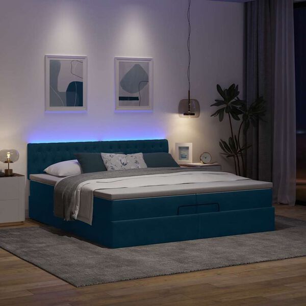 vidaXL Ottoman-Bett mit Matratzen & LED Dunkelblau 200x200 cm Samt