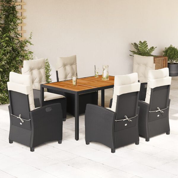 vidaXL 7-tlg. Garten-Essgruppe mit Kissen Schwarz Poly Rattan