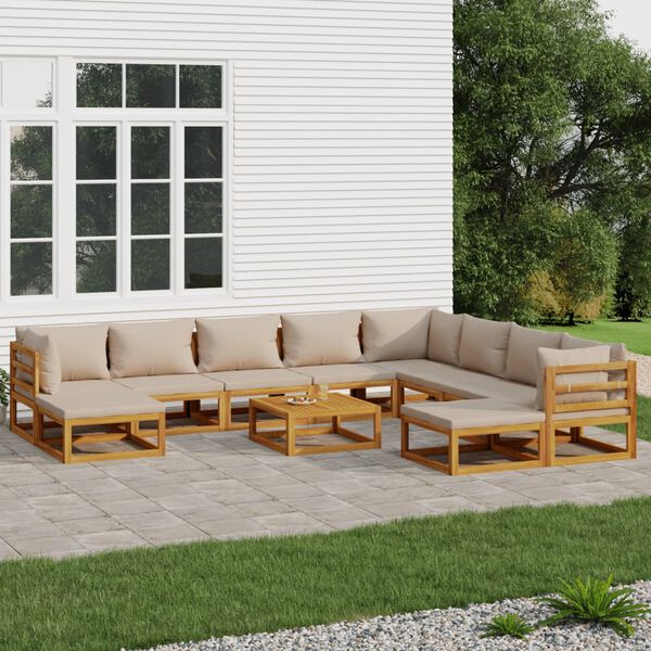 vidaXL 11-tlg. Garten-Lounge-Set mit Taupe Kissen Massivholz