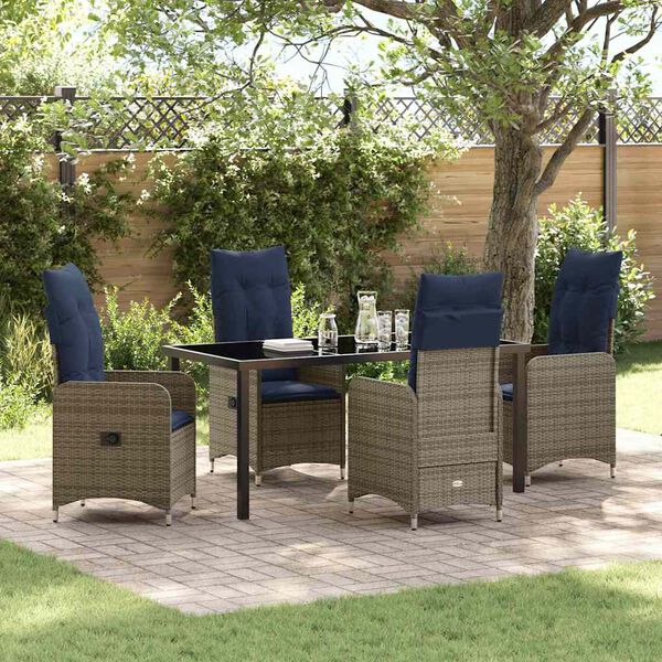 vidaXL Tisch- und Stuhlset mit Kissen 5 pcs Grau PE-Rattan