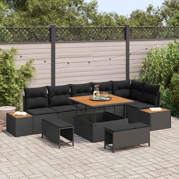 vidaXL Garten-Sofa-Set mit Kissen mit Speicher Schwarz Poly Rattan
