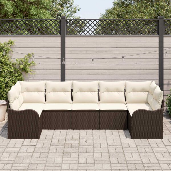 vidaXL Garten-Sofa-Set mit Kissen 7 pcs Braun und Wei&szlig; Poly Rattan