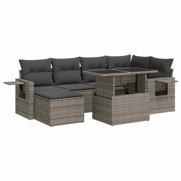 vidaXL 7-tlg. Garten-Sofagarnitur mit Kissen Grau Poly Rattan