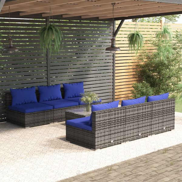 vidaXL 7-tlg. Garten-Lounge-Set mit Kissen Poly Rattan Grau
