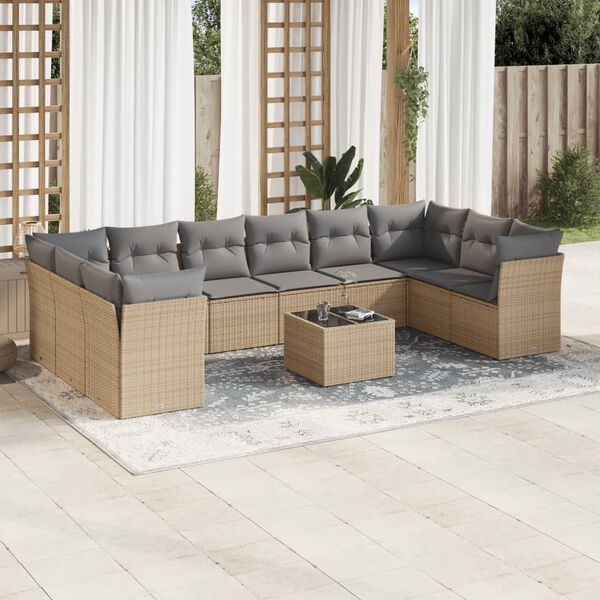 vidaXL 11-tlg. Garten-Sofagarnitur mit Kissen Beige Poly Rattan
