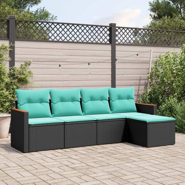 vidaXL 5-teiliges Gartensofa-Set mit Kissen, schwarzes Polyrattan