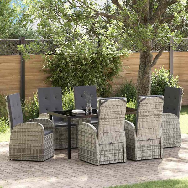 vidaXL Garten Essgruppe mit Kissen 7 pcs Grau Poly-Rattan