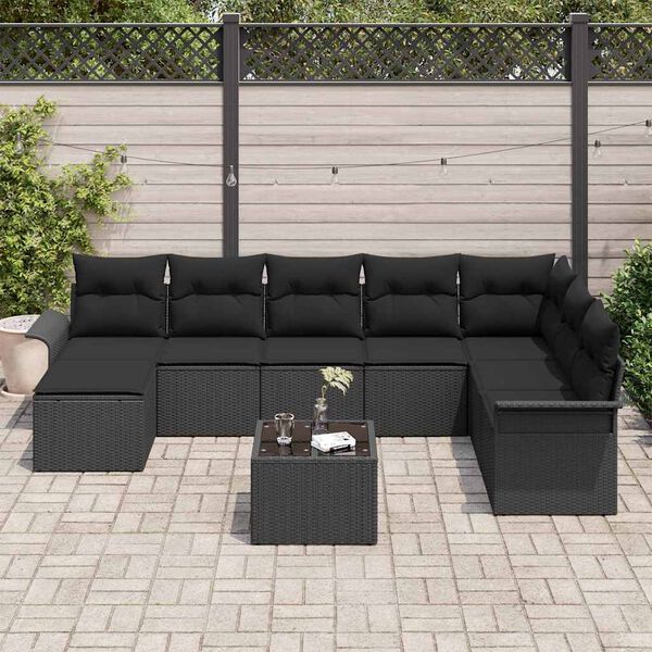 vidaXL Gartensofa-set mit Kissen 9 pcs Schwarz Poly-Rattan