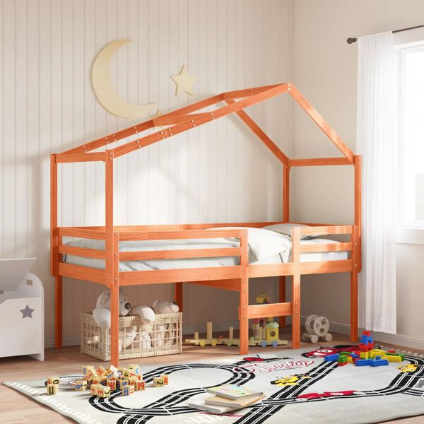 vidaXL Hochbett mit Dach Wachsbraun 90x190 cm Massivholz Kiefer