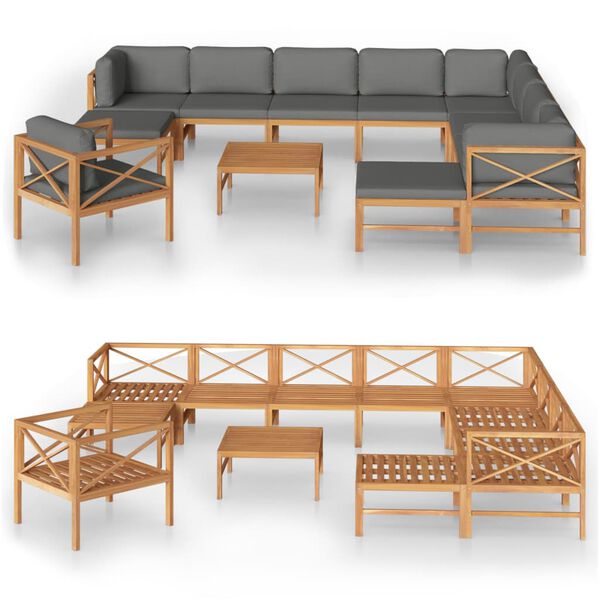 vidaXL 12-tlg. Garten-Lounge-Set mit Grauen Kissen Massivholz Teak
