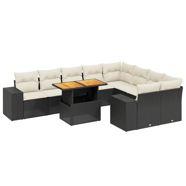 vidaXL 10-tlg. Garten-Sofagarnitur mit Kissen Schwarz Poly Rattan